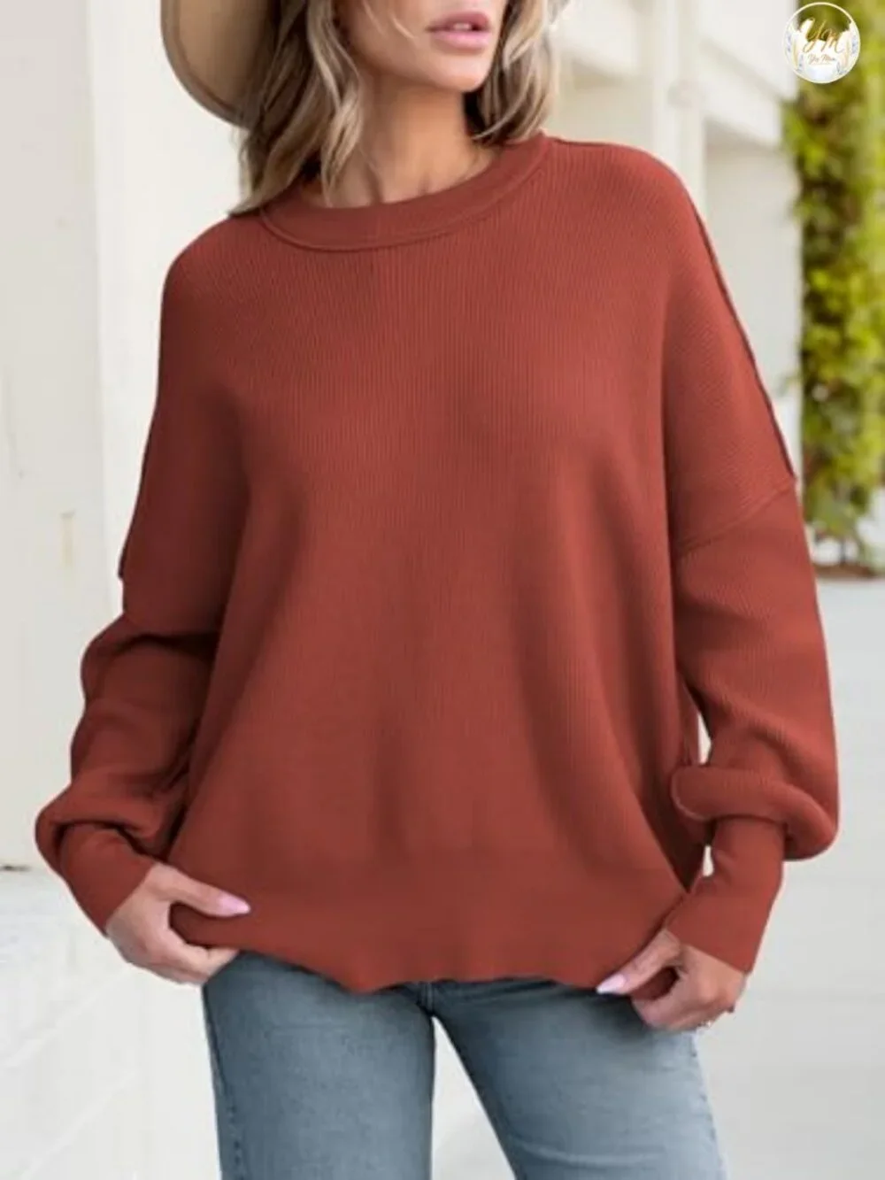 Oversized Knit Sweater Batwing Long Sleeve Crew Neck Side Slit Pullover Casual